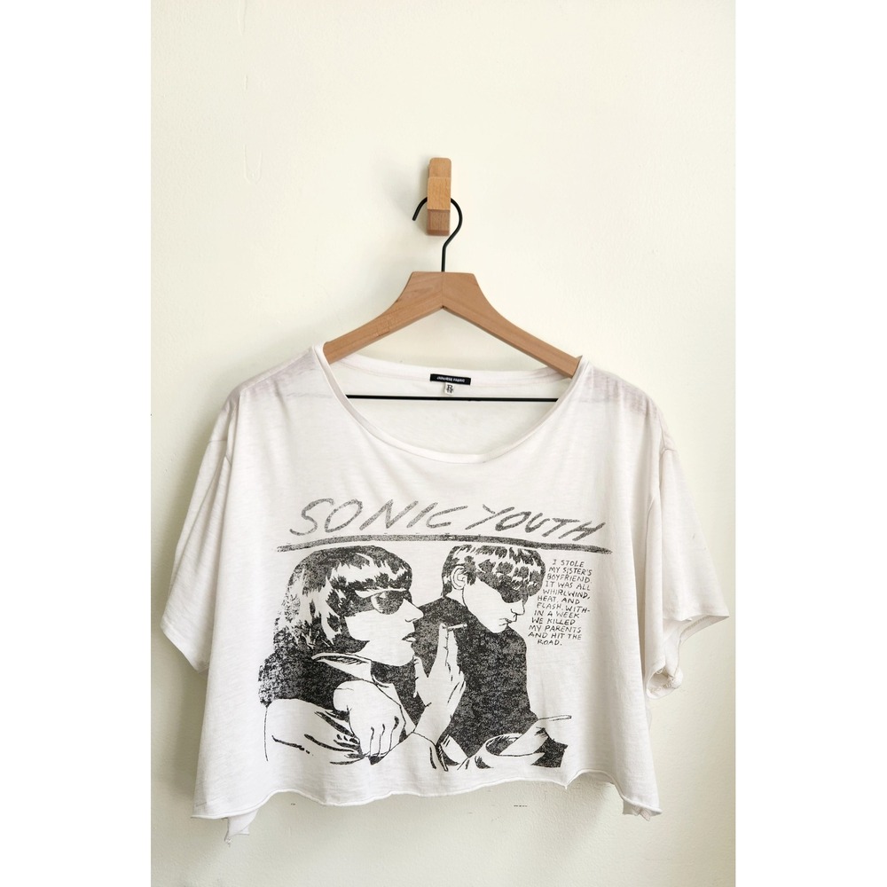R13 Sonic Youth Women L White Japanese Fabric Crop Raw Hem Graphic Band Tee
